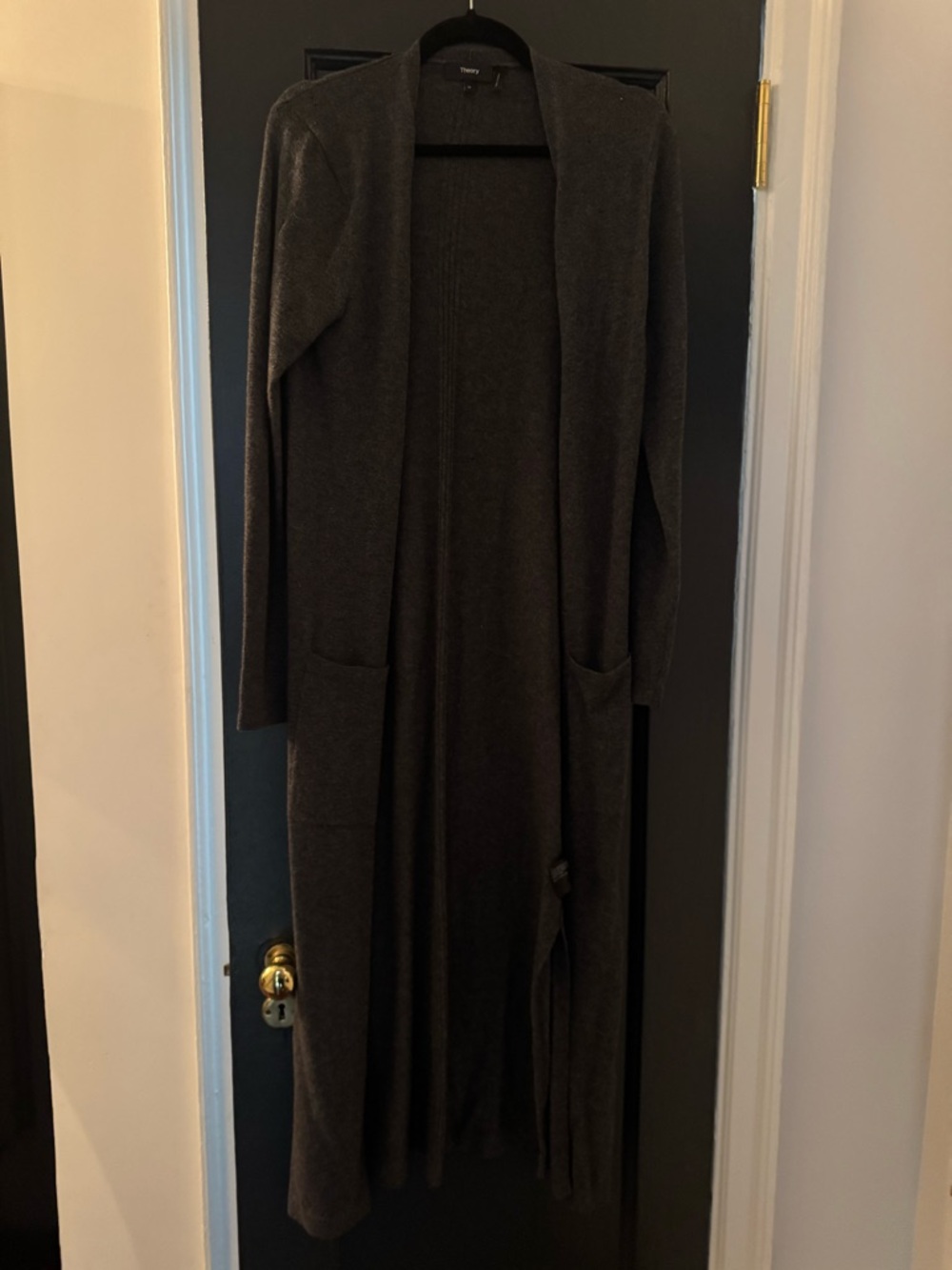 Theory Long Open-Front Duster Cardigan in Charcoal Gray cashmere